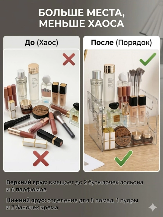 Органайзер для косметики прозрачный, большой объем, настольный