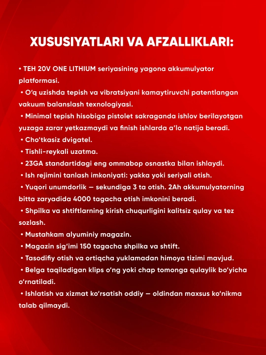 TEH akkumulyatorli shpilkozabivnoy pistolet LGN35, 20V, 3.0 ta/sek, shpilka 15-35 mm, 150