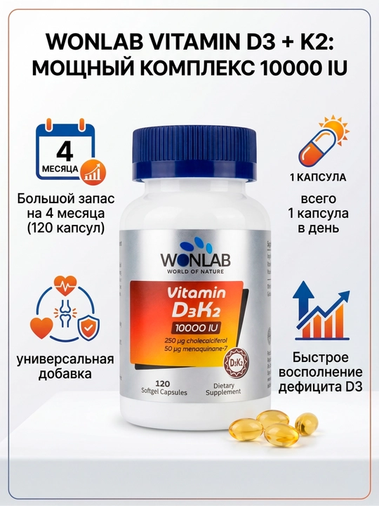 Wonlab Vitamin D3 K2 10000 МЕ, 120 мягкие капсулы