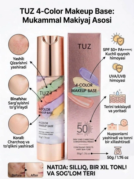 Asos makyaj uchun TUZ baza, 8 tasi 1 da, yuz asosi, praymeri - 