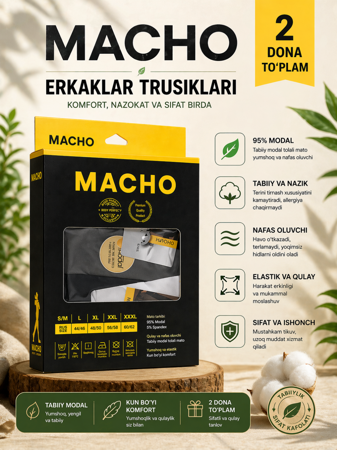 Erkaklar trusiklari 2 dona, bambuk-modal, yumshoq premium bokserlar - 