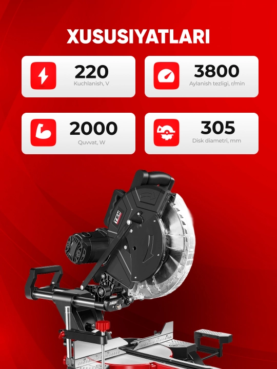 Торцовочная пила с протяжкой TEH TMS30520B, 2000 Вт, 3800 об/мин, диск 305 мм, 220 В
