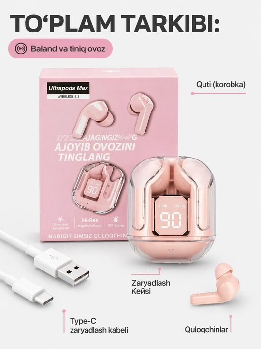 Displey va mikrofonli Air31 simsiz quloqchinlari, iOS va Android uchun - 