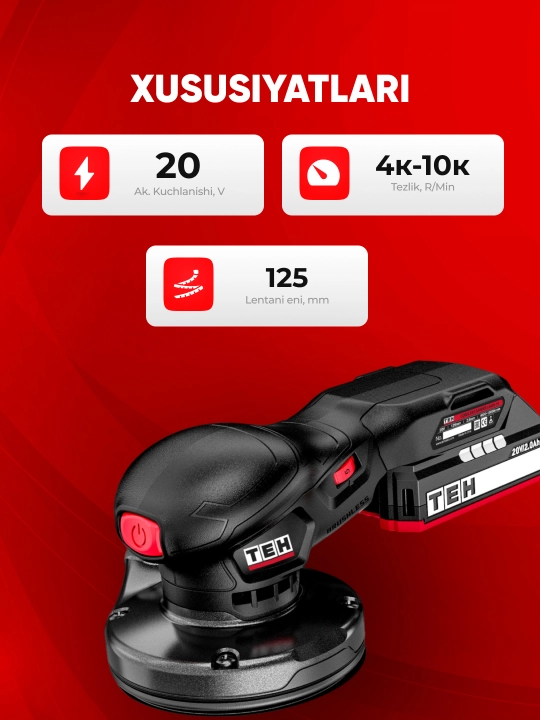 Akkumulyatorli ekssentrik shlifmashina TEH LS405, 20 V, 4 000–10 000 ayl/min, disk: 125 mm
