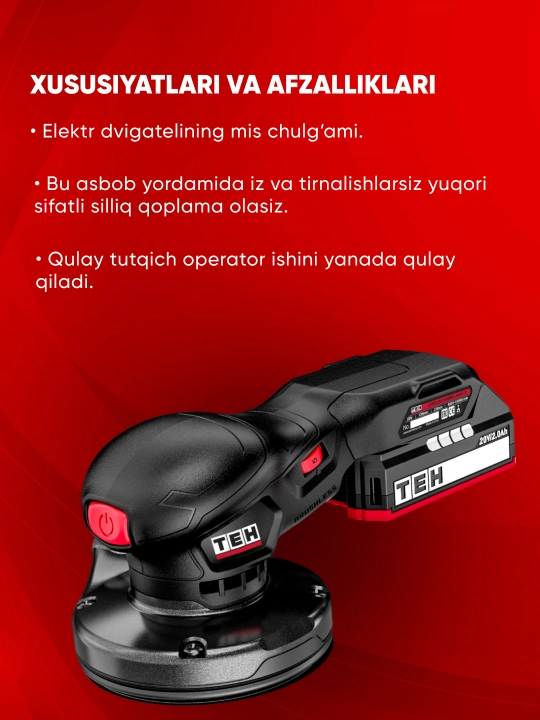 Akkumulyatorli ekssentrik shlifmashina TEH LS405, 20 V, 4 000–10 000 ayl/min, disk: 125 mm