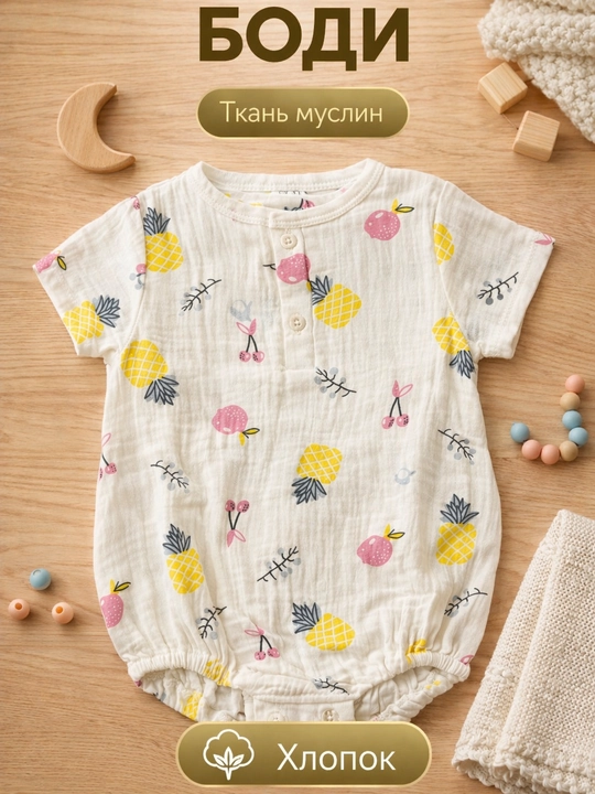 Chaqaloqlar uchun muslin bodi, 100% paxta, yengil va havo o‘tkazuvchi, 3–18 oy - 