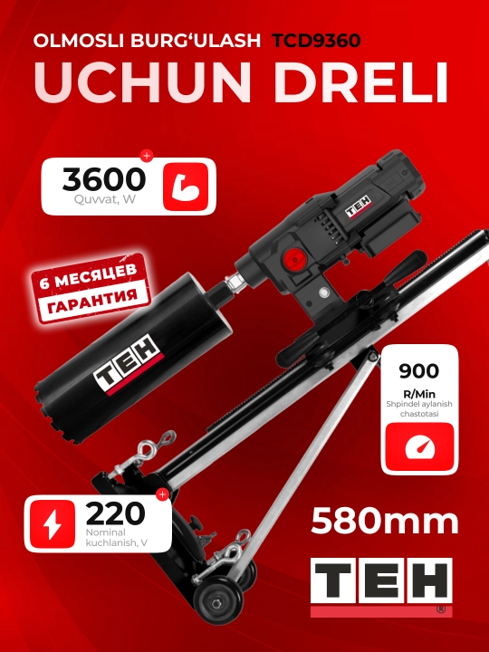 Olmosli burg‘ulash qurilmasi TEH TCD9360, 3600 W, 220 V, 500/900 ayl/min, dm: 580 mm