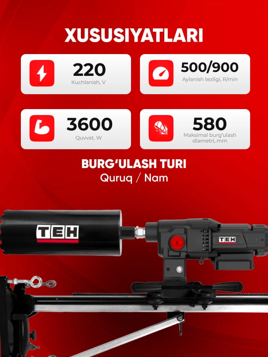 Olmosli burg‘ulash qurilmasi TEH TCD9360, 3600 W, 220 V, 500/900 ayl/min, dm: 580 mm