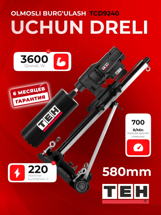 TEH olmosli burg‘ulash uchun drel (almazniy bur) TCD9240, 3600 W, 220 V, 700 ayl/min