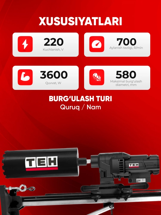 TEH olmosli burg‘ulash uchun drel (almazniy bur) TCD9240, 3600 W, 220 V, 700 ayl/min