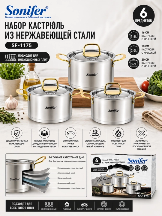 Набор кастрюль Sonifer 6 шт из нержавеющей стали - 