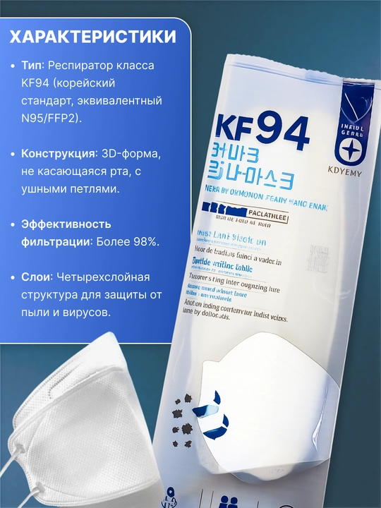 Маска KF 94 для лица  производства  для защиты от вирусов, пыли и загрязнений снаружи