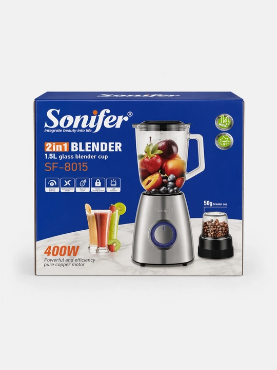 Блендер Sonifer SF-8015 2 в 1, стеклянная чаша 1.5 л, 400 Вт, блендер с измельчителем