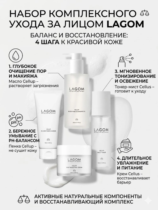 Наборы уходовой косметики Lagoм для очищения, увлажнения кожи лица для жирной и сухой кожи - 