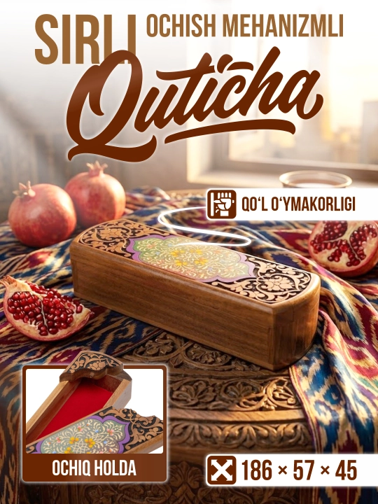 Yong'oq daraxtidan qo'lda ishlangan Islimi Craft medium sirli ochish mehanizmli qutichasi - 