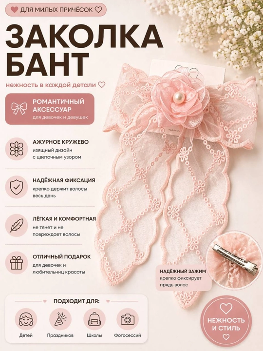 Заколка бант кружевная с цветком и жемчужиной длинные ленты для девочек - 