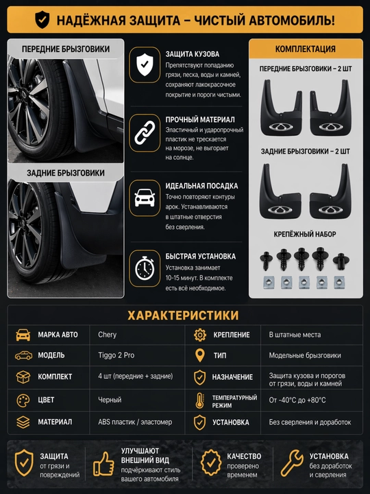 Chery Tiggo 2 Pro uchun maxsus chayqalish himoyalagichlari, 4 dona to‘plam