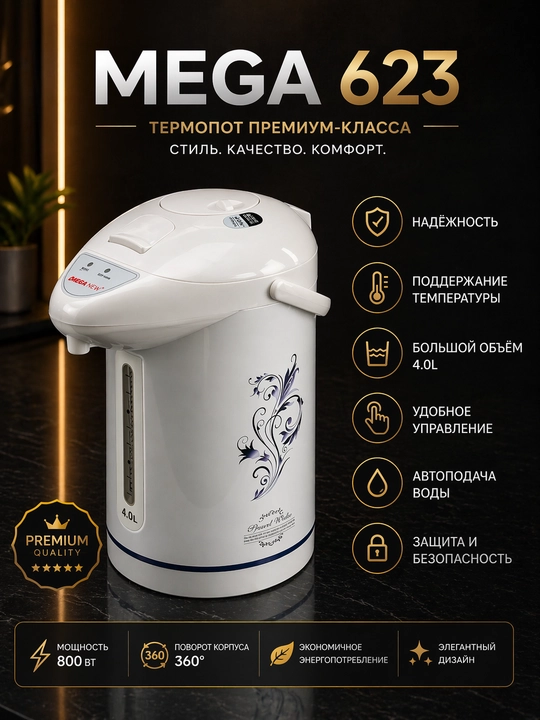 Termopot Mega, 4 litr — Elektr choynak va termos, katta hajmli issiq suv uchun qulay - 