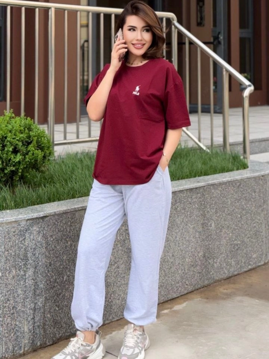 Женский костюм, футболка и брюки, oversize, хлопок, повседневный