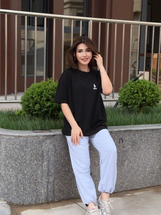 Женский костюм, футболка и брюки, oversize, хлопок, повседневный