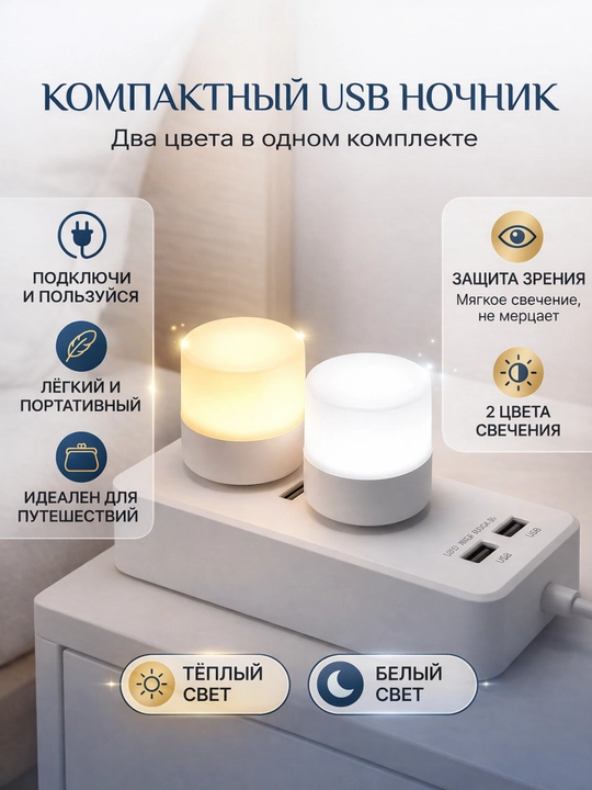 USB tungi chiroqlar to‘plami (2 dona) Kichik LED tungi chiroq, iliq va oq yorug‘lik - 