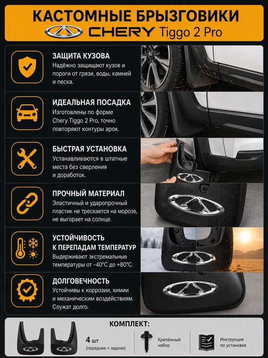 Chery Tiggo 2 Pro uchun maxsus chayqalish himoyalagichlari, 4 dona to‘plam