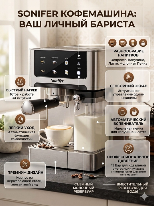Рожковая кофеварка Sonifer SF-3587, для любителей кофе - 