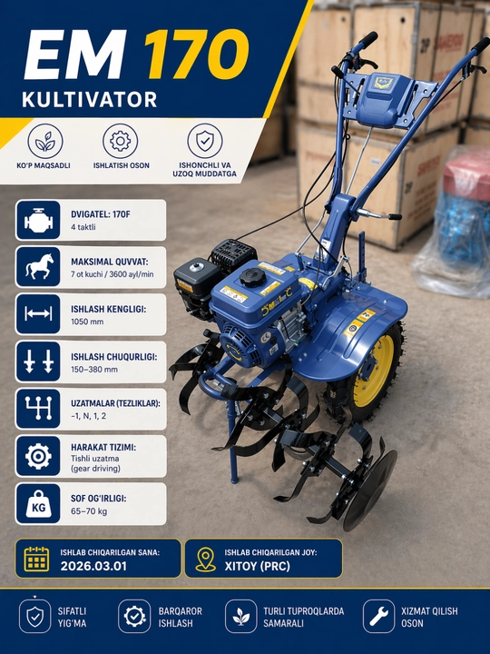 Motoblok EBImax EM 170, 7 ot kuchi, benzin dvigatel 170F, yer chopuvchi kultivator - 