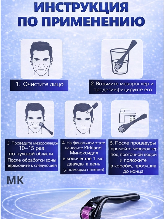 Миноксидил 5%, кирклан, средство для роста волос и бороды. Дермороллер + пипетка подарок