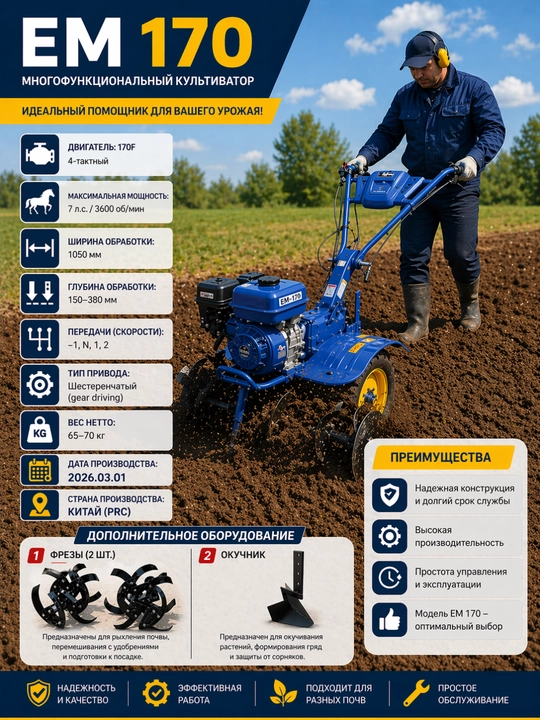 Motoblok EBImax EM 170, 7 ot kuchi, benzin dvigatel 170F, yer chopuvchi kultivator