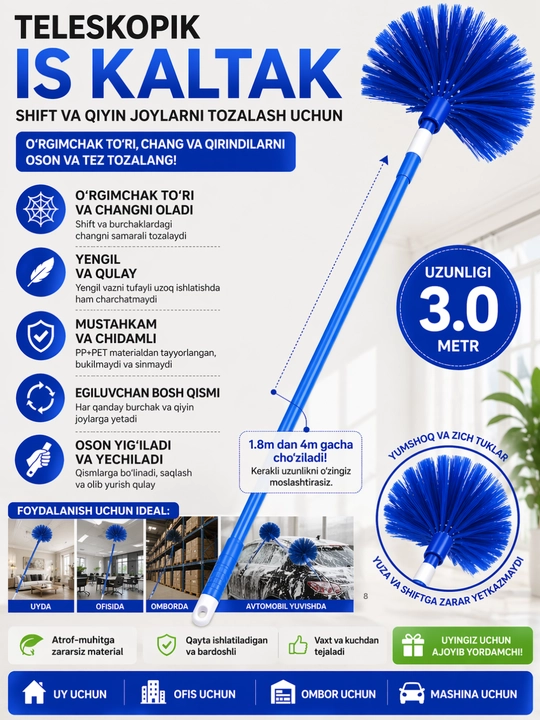 Shift tozalash uchun is kaltak 1.8–4m | O‘rgimchak to‘ri va chang uchun uzun shyotka