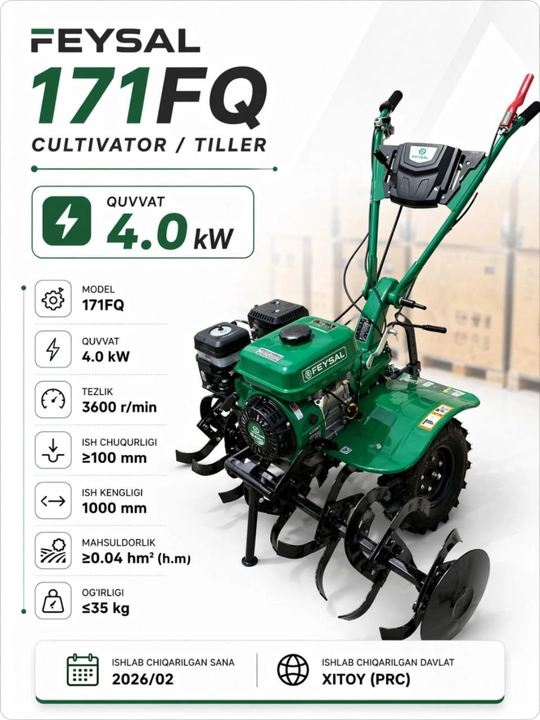 FEISAL 171FQ motobloki, quvvati 4,0 kVt bo‘lgan benzinli kultivator, yer qazish texnikasi - 