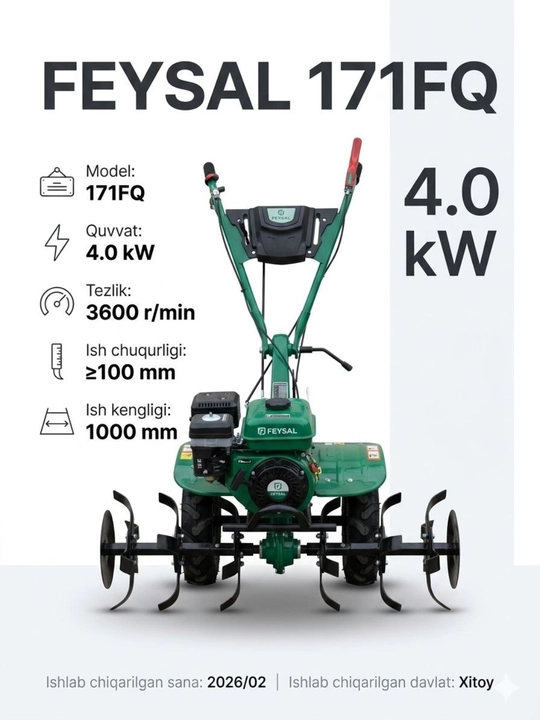 FEISAL 171FQ motobloki, quvvati 4,0 kVt bo‘lgan benzinli kultivator, yer qazish texnikasi
