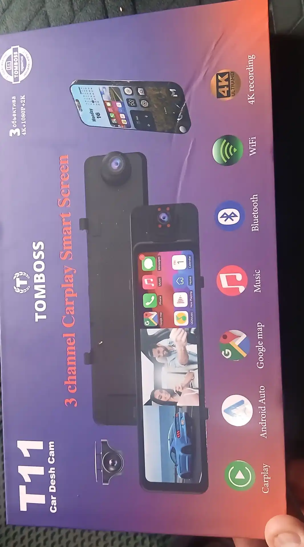 Видеорегистратор 3 камеры TOMBOSS T11, Wi-Fi наблюдение, Антирадар, Carplay