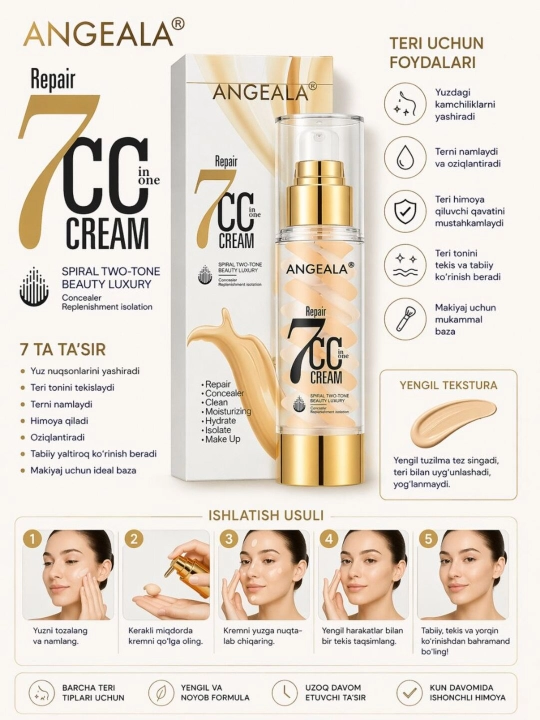 ANGEALA Repair 7 CC in one Crem. 7 tasi 1 tadamakyaj uchun ideal baza yuz uchun qulay - 