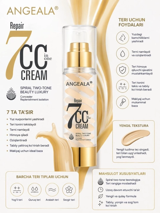 ANGEALA Repair 7 CC in one Crem. 7 tasi 1 tadamakyaj uchun ideal baza yuz uchun qulay - 