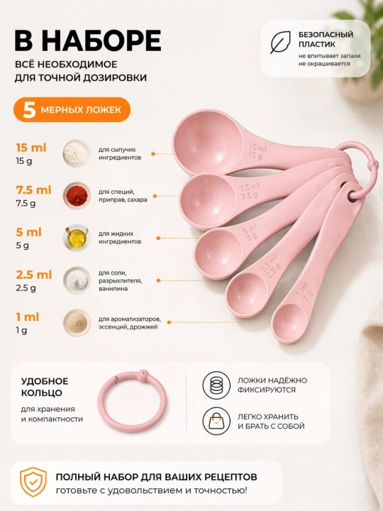 O‘lchov qoshiqlari, 5 dona - aniq dozalash uchun to‘plam, 1-15 ml, oziq-ovqat plastikasi
