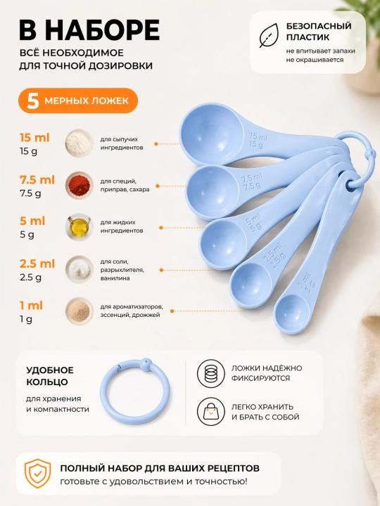 O‘lchov qoshiqlari, 5 dona - aniq dozalash uchun to‘plam, 1-15 ml, oziq-ovqat plastikasi