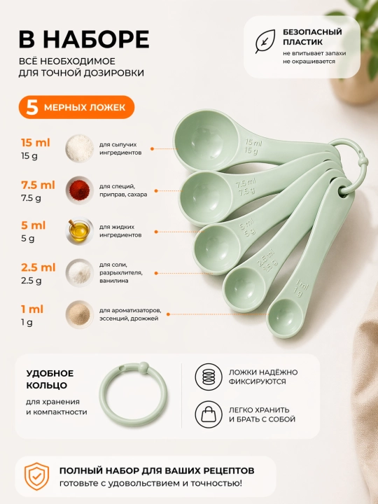 O‘lchov qoshiqlari, 5 dona - aniq dozalash uchun to‘plam, 1-15 ml, oziq-ovqat plastikasi
