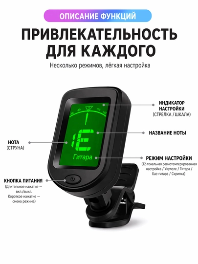 Гитарный тюнер для гитары, Бас, акустической, классической, укулеле