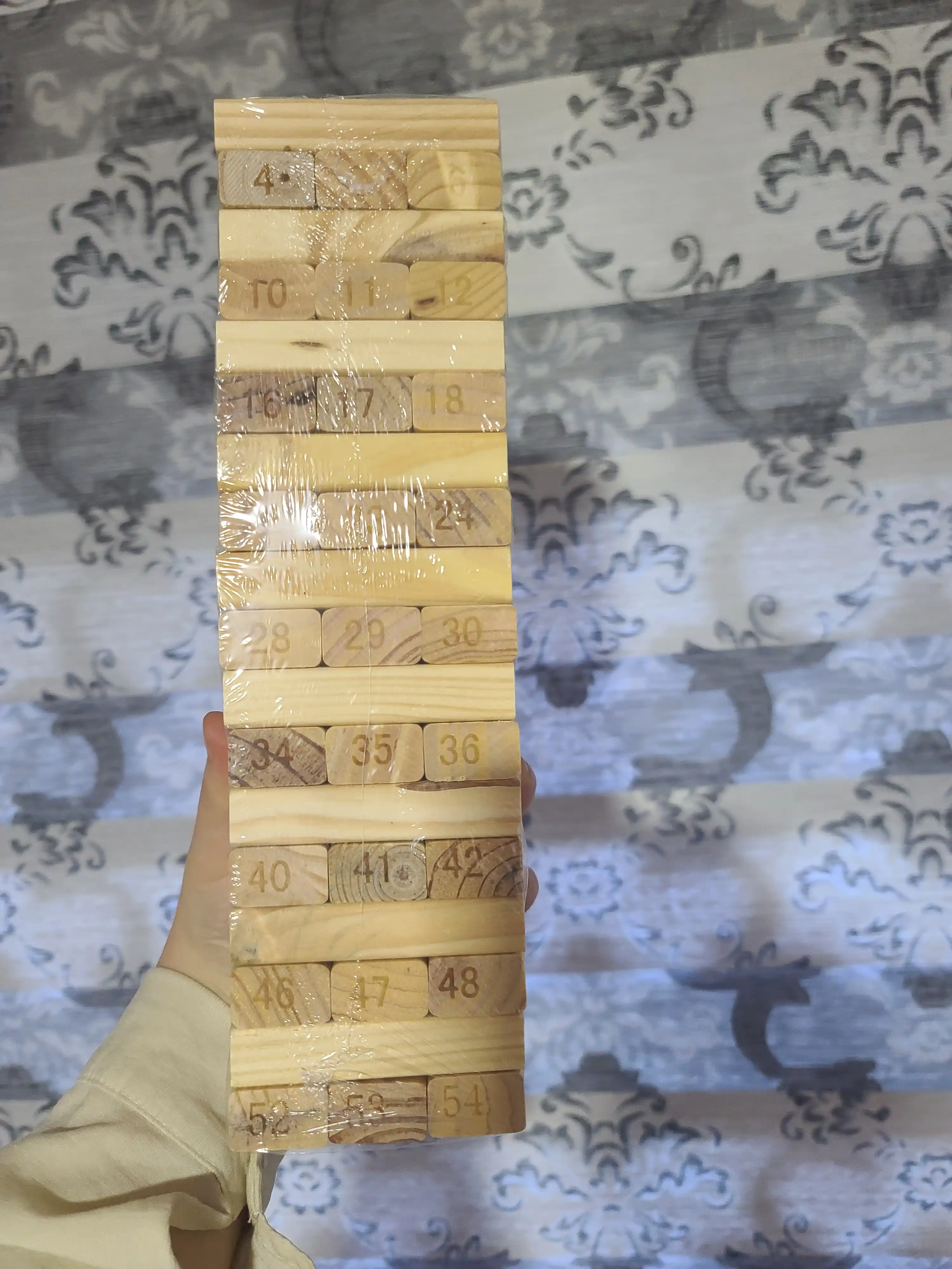 Stol o'yini Jenga, qulayotgan minora, do'stlar va oila uchun, sargish, 54 yog'och bloklari