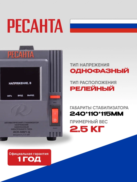 Стабилизатор Ресанта 0,625 кВа/0,5 кВт АСН-500/1-Ц арт. 63/6/1