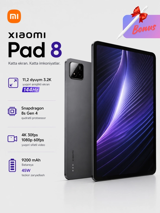 Планшет Xiaomi Pad 8, в комплекте стилус,9200мАч,45Вт,камера 50Мп,экран 11.2" 3.2K,144Гц - 