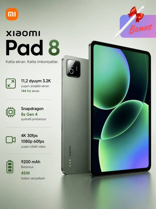 Planshet Xiaomi Pad 8,Bonusga Stilus,9200mAh,45W,50MP kamera,11.2" 3.2K,144Hz ekran - 