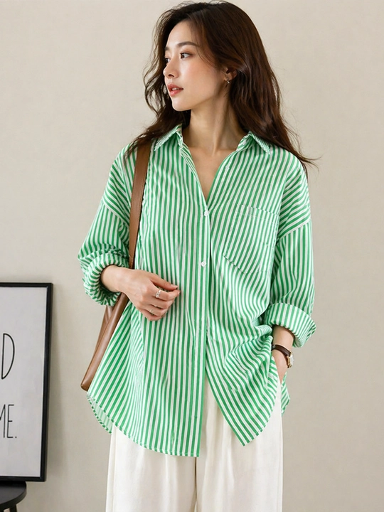 Ayollar uchun yo‘l-yo‘l oversize rubashka, uzun erkin fason ko‘ylak-bluzka - 