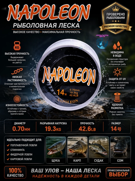 Рыболовная леска NAPOLEON 14, 16, 18, 20, 25 м - 