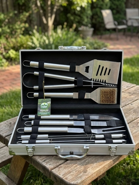 Piknic barbekyu va gril uchun anjomlar to'plami, alyuminiy keysda, 9 dona - 