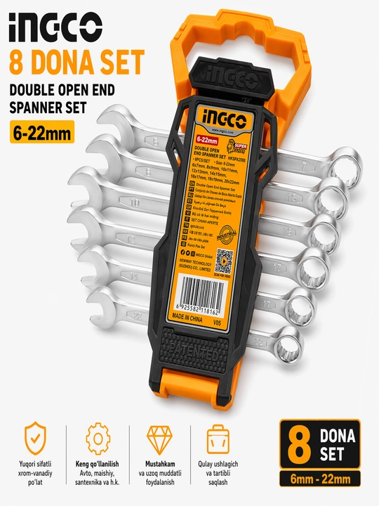 INGCO ochiq kalitlar to‘plami, 6-22 mm, 8 dona, professional asboblar seti