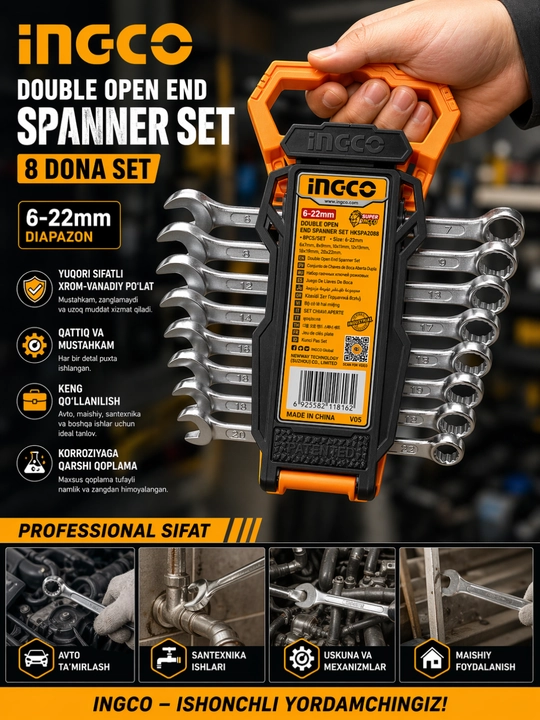 INGCO ochiq kalitlar to‘plami, 6-22 mm, 8 dona, professional asboblar seti