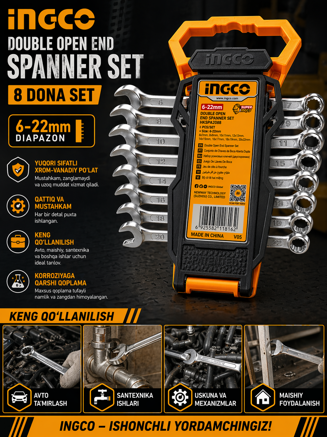 INGCO ochiq kalitlar to‘plami, 6-22 mm, 8 dona, professional asboblar seti